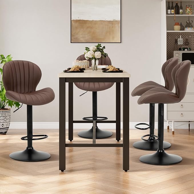 COLAMY Bar Stools Set of 6, Modern Swivel Bar Chairs, Adjustable Faux Leather Upholstered Barstools Counter Height with High Backrest for Bar, Kitchen Island, Dining Room, Brown