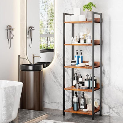 Furologee 5 Tier Bookshelf with Drawer, Tall Narrow Bookcase with Shelves, Wood and Metal Bookshelves Storage Organizer, Industrial Display Standing Shelf Unit for Bedroom, Living Room, Rustic Brown