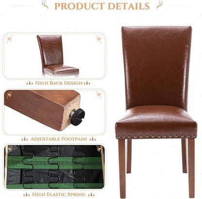 Parsons Dining Chairs Set of 2, Upholstered Nailhead PU Leather Dining Room Kitchen Side Chair with Thick Cushions and Wood Legs, Light Brown