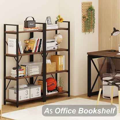 BON AUGURE Industrial 4 Tier Bookshelf, Modern Open Etagere Bookcase, Wood Metal Vintage Shelving Unit for Office Bedroom and Living Room, Heavy Duty Book Shelf (Rustic Oak)