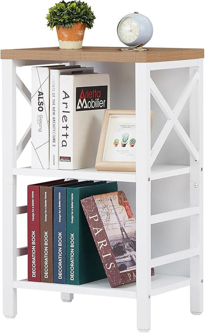Small Bookshelf,3 Tier Industrial Bookcase with Metal Frame and Backboard,Low White Book Shelf,Book case for Small Spaces,Living Room,Bedroom and Home Office