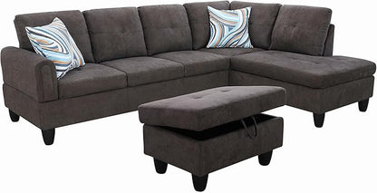Couches for Living Room Modern L Shaped Couch Comfy Fluffy Fabric 3 Pieces Sectional Sofa with Chaise, Ottoman with Storage for Office and Small Apartment, Dark Brown