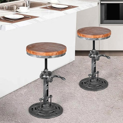 LOKKHAN American Antique Steampunk Deco Vintage Industrial Bar Cafe Stool, Retro Stylish Cast Iron Base Swivel Round Wood Top, Easily Adjusts by Crank Handle