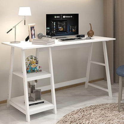 Natwind 47" White Desk with 2-Tier Storage Shelves,Home Office Computer Desk, Study Table for Kids Student Girls,Writing Desk,Modern Simple Basic Desk Workstation for Bedroom Home Office