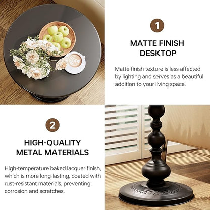 XIV Metal Small Round Side End Table, Vintage Matte Coffee Drink Cocktail Table, Accent Pedestal Table for Living Room Corners and Small Spaces, 21'' Height (Black)