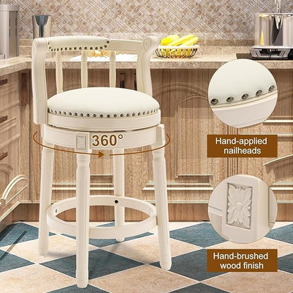 Cow top Leather Wooden Bar Stools, 360 Degree Swivel Bar Height Chair with Backs for Home Kitchen Counter, Morden Chair Barstools (Ivory Wood 1pc-Cream Seat, Counter Height-Seat Height 26”)