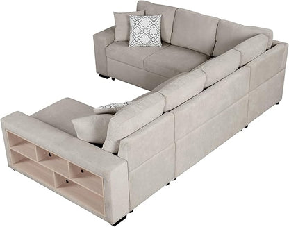109" U-shaped Sectional Pull-out Sofa Bed with Storage Chaise,2-in-1 Convertible Couch W/ 4 Back Pillow & 2 USB Ports,Luxurious Sleeper Furniture Set for Living Room Large Space,Beige Chenille