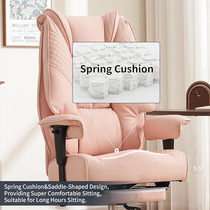 Big and Tall Office Chair 400lbs Wide Seat, Leather High Back Executive Office Chair with Foot Rest, Ergonomic Chairs Lumbar Support for Lower Back Pain Relief (Light Pink)
