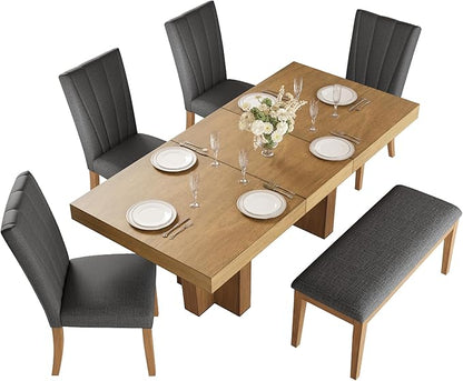 Ball & Cast 6 Piece Farmhouse Dining Table Set with Extendable Table,4 Upholstered Chairs & 1 Bench,Wooden Kitchen Table Set of 6,Backrest Chair with Table & Upholstery-Bench,for Dining Room,Gray