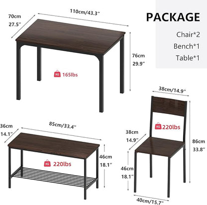 SogesHome 4-Piece Dining Table Set for 4 - Space-Saving Kitchen Set with Bench and Chairs, Ideal for Restaurants and Coffee Shops, Dark Walnut