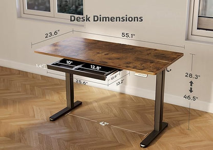 YDN Standing Desk with Drawers, Electric Adjustable Height 55 x 24 Inch Stand Up Desks for Home Office, Rustic Brown