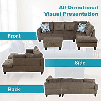 Couches for Living Room Modern L Shaped Couch Comfy Velvet Fabric 3 Pieces Sectional Sofa with Chaise, Ottoman with Storage for Office and Small Apartment, Brown Pineapple