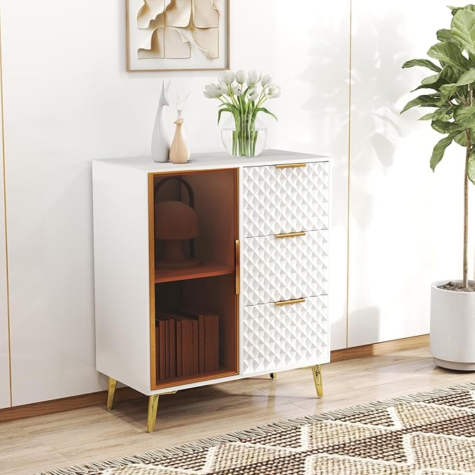 Rovibek Modern Sideboard Cabinet with Storage, Small Kitchen Buffet Cabinet with Glass Door & 3 Drawers, 31" Accent Sideboard Buffet for Kitchen, Living Room, White