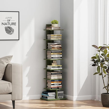 TUTOTAK Bookshelf, 8-Tier Bookcase, Narrow Spine Book Shelf for Small Space, Corner Standing Shelf for Living Room, Office, Study, Entryway, Olive Green BS06BOG008