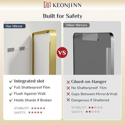 Keonjinn Gold Bathroom Mirrors for Over Sink, 40” x 30” Brushed Brass Mirror, Large Rounded Rectangle Gold Vanity Mirror with Metal Frame, HD Tempered Glass Modern Wall Mirror(Horizontal/Vertical)