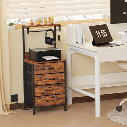 Furnulem Night Stand with Charger Station, 38'' Tall Nightstand with 4 Fabric Drawers and LED Lights, Bedside Table with Storage Shelf for Bedroom, Office, Metal Frame, Wood Shelves, Rustic Brown