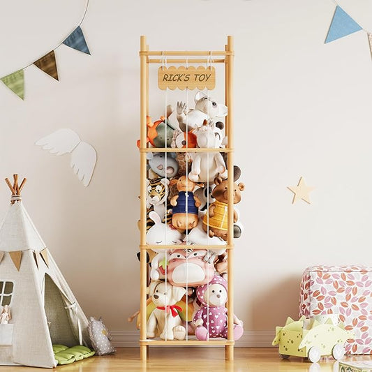 SpaceAid Stuffed Animal Storage Organizer, Wood Animals Zoo Toy Plushies Storage Holder, Large Capacity Plush Toy Cage for Playroom Organization, 15.8" Wide, Natural