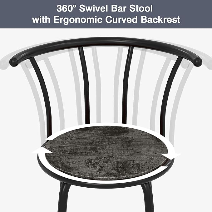 VECELO Bar Stools Set of 2, Swivel Counter Barstools with Backrest, Bar Height Chairs for Dining Room, Kitchen Island, Pub, Easy Assembly, Retro Grey