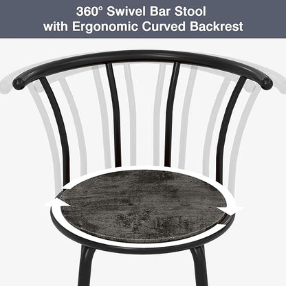VECELO Bar Stools Set of 2, Swivel Counter Stools with Backrest, Bar Height Stools for Dining Room, Kitchen Island, Pub, Easy Assembly, Dark Grey