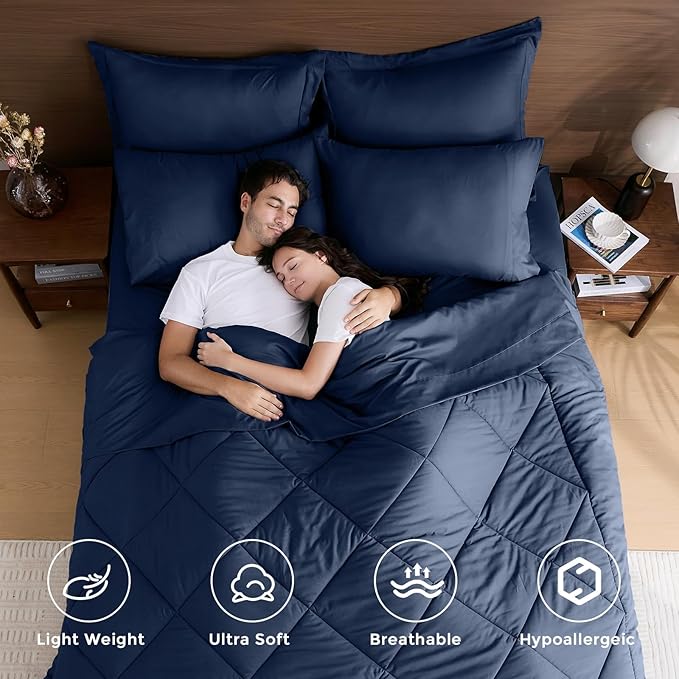 HEVUMYI Navy Blue Twin Comforter Set - 5-Piece All Season Bed in a Bag Twin, Ultra Soft Bedding Set with Comforter, Flat Sheet, Fitted Sheet, Pillowcases, Pillow Shams, Navy Blue