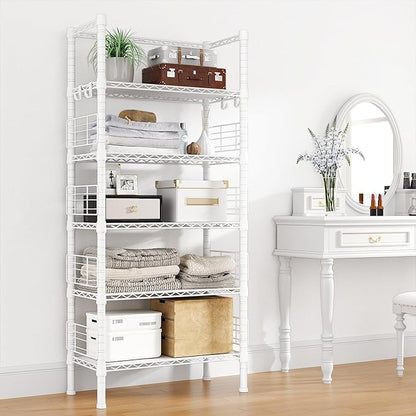 Metal Storage Rack, Storage Organizer Shelves for Kitchen, Bathroom, Living Room, Balcony and Garage, 5 Tiers Narrow Bookshelf, 21.2" W x 9.4" D x 59.2" H, Load 400lbs, White