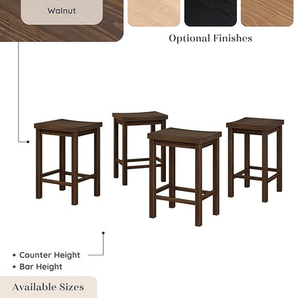Grain & Grove Smith Collection Set of 4 Solid Wood Counter Height Bar Stools, 24-Inch Saddle Seat Backless Stools, Ideal for Kitchen Island, Dining, or Home Bar Seating, Walnut