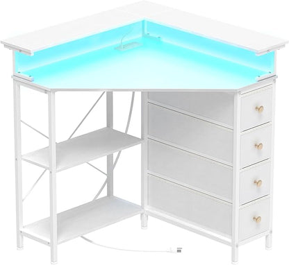 Corner Desk with Drawers Shelves for Small Space 90 Degrees Triangle Computer Desk with Power Outlets,Gaming Desk with LED Lights Monitor Stand for Home Office Workstation Writing Table (White)
