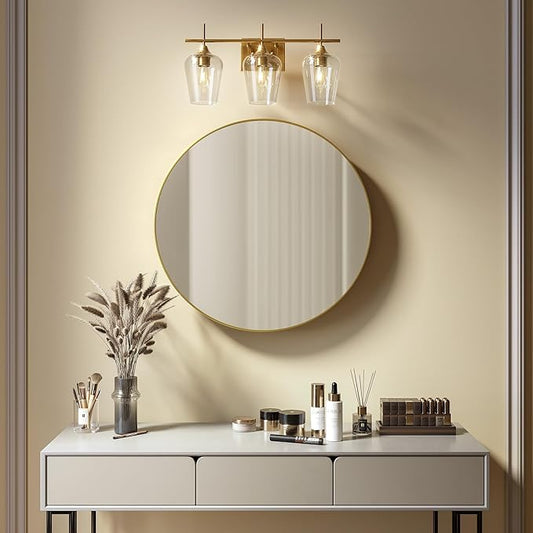 VONLUCE Bathroom Vanity Light, 3 Light Bathroom Light Fixture Over Mirror, Bathroom Wall Lamp with Clear Glass, Modern Gold Vanity Lighting fixtures for Bathroom, Bedroom, Hallway
