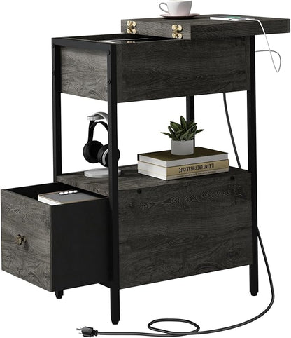 SOOWERY End Table with Charging Station, Narrow Side Table with Flip Top Cabinet and Fabric Drawer, Nightstand Bedside Tables for Small Spaces, Bedroom, Living Room, Dark Grey