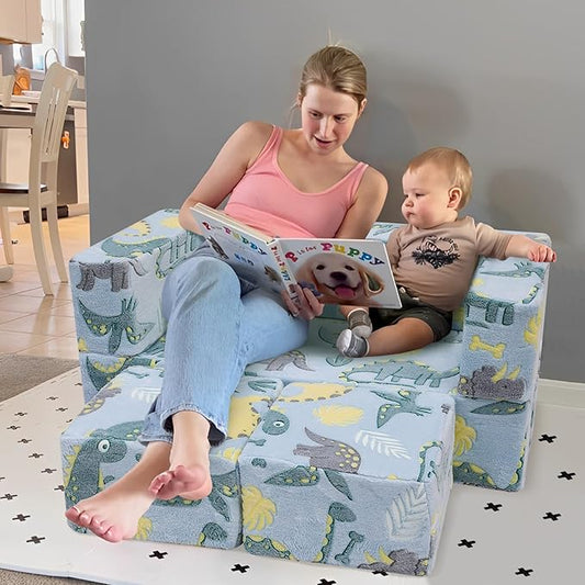 MeMoreCool Modular Kids Sofa,Toddler Play Couch Fold Out for Playroom, Dinosaur Glow in Dark Convertible Plush Foam Chair for Childrens