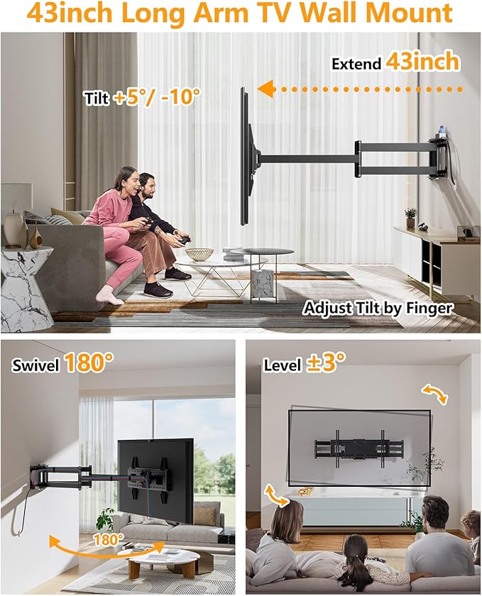 FORGING MOUNT Long Arm TV Wall Mount Swivel Tilt Full Motion Wall Bracket 43 inch Articulating Arm TV Wall Mount,Fits 50 to 90 Inch Flat/Curve TVs,Holds 198Lbs,VESA 600x400mm