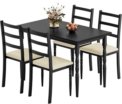 DWVO 5-Piece Dining Table Set for 4, Kitchen Dining Room Table with Upholstered Chairs, Faux Leather Cushions, Modern Rectangular Dinner Table Set for Small Spaces & Apartment, Black