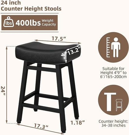 Counter Height Bar Stools Set of 3, 24 Inch Backless BarStools for Kitchen Island Leather Saddle Bar Chairs Kitchen Stools with 4" Thick Seats & Heavy Duty Metal Base, Black