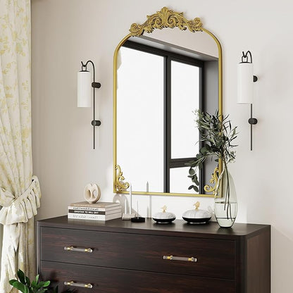 24x36 inch Vintage Arched Bathroom Mirror - Gorgeous Wall Vanity Mirror with Beautiful Retro Top and Bottom Engraving Process Frame for Entryway Hallway Living Room, Gold