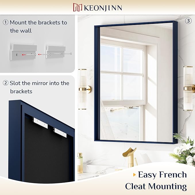 Keonjinn 30 x 36 Inch Blue Bathroom Mirror Metal Frame Navy Blue Wall Mirror for Bathroom Sink Rectangular Brushed Framed Vanity Mirror Square Corner Modern Rectangle Mirror(Horizontal/Vertical)