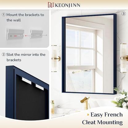 Keonjinn 30 x 36 Inch Blue Bathroom Mirror Metal Frame Navy Blue Wall Mirror for Bathroom Sink Rectangular Brushed Framed Vanity Mirror Square Corner Modern Rectangle Mirror(Horizontal/Vertical)