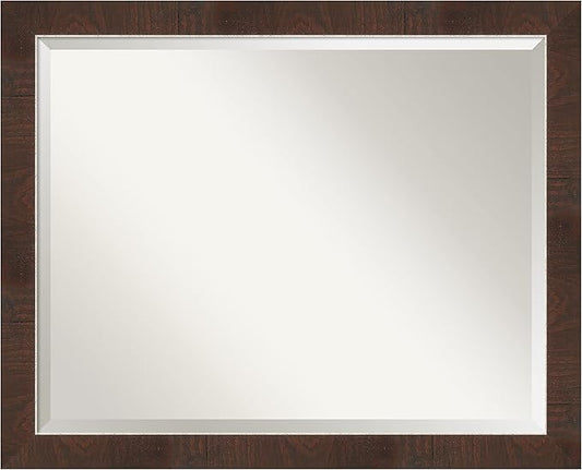 Amanti Art Brown Bathroom Mirror for Over Sink, 25x31 Wildwood Brown Narrow Rectangle Vanity Mirror, Large Rustic Farmhouse Frame, Hangs Horizonally and Vertically, Bathroom Wall Decor, Beveled Edge