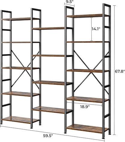 SUPERJARE Triple 5 Tier Bookshelf, Bookcase with 14 Open Display Shelves, Wide Book Shelf Book Case for Home & Office, Rustic Brown