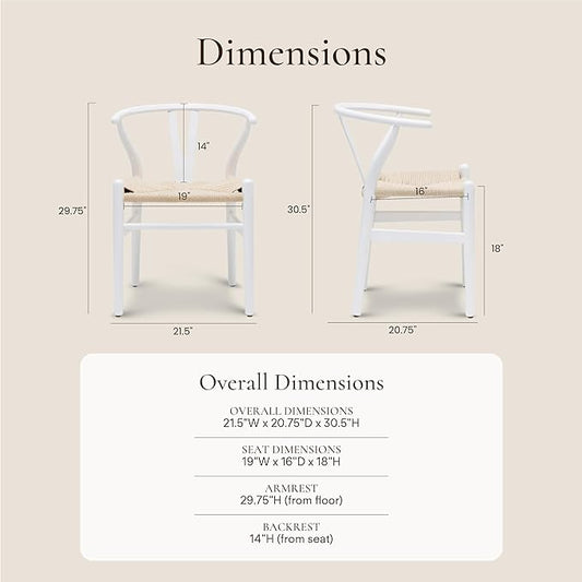 POLY & BARK Weave Dining Chair – Mid-Century Modern Wishbone Dining Chair with Arms, Solid Wood Frame, Indoor Use – White – Single - Ideal for Dining Room, Kitchen or Stylish Accent Setting