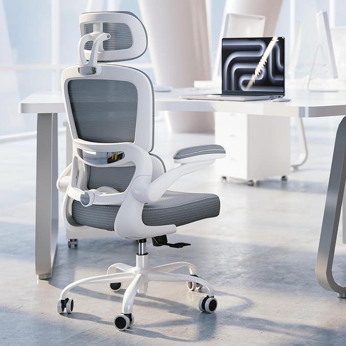 TRALT Ergonomic Office Chair - Desk Chair with Adjustable Headrest Lumbar Support Computer Chair - Mesh Comfy Chair with Flip-up Armrests - Gaming Chairs for Adults Home Office (Leather, Grey)