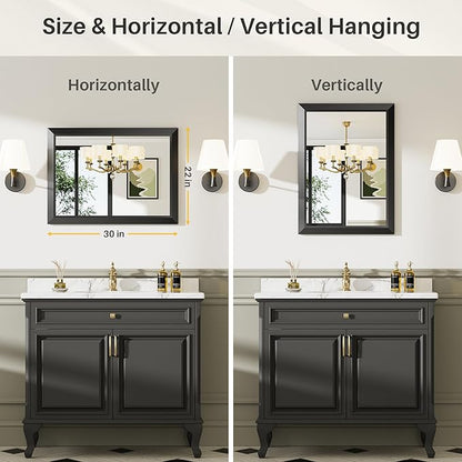 22x30 Inch Black Bathroom Mirror for Wall, Thick Metal Framed Rectangle Mirrors for Over Sink, Bedroom, Living Room, Entryway, Anti-Rust, HD Tempered Glass