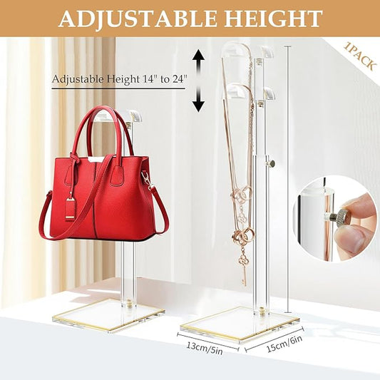 Acrylic Purse Display Stands, 14"-24" Adjustable Height Handbag Holder, Clear Purse Rack Stands for Closet Retail, Durable Gold Trim Bag Stand Hanging Wallet Jewelry Necklace Organizer