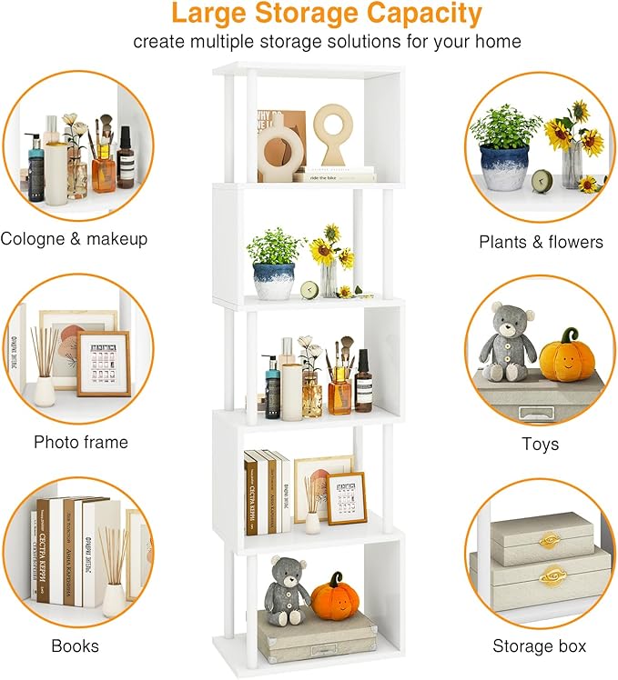 IBUYKE 6-Tier Tall Bookshelf,S-Shaped Geometric Bookcase, Wood Display Shelves with Storage,Modern Bookshelf for Living Room Bedroom, Home Office, White WBC016W