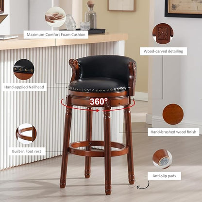 Cow top Leather Wooden Bar Stools, 29.5" Bar Height Bar Chair with Back, 180 Degrees Swivel Barstools Chair for Home Kitchen Counter,Dining Room (Black-1pc, Counter Height-Seat Height 26”)