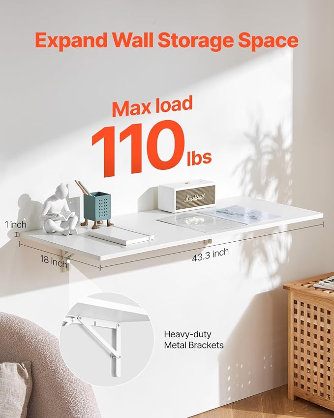 VEVOR Wall Mounted Folding Table, 43.3 x 18 inches Wall Mount Table, Floating Desk with Iron Bracket, Fold Down Desk for Small Spaces, Home Office, Dining, Laundry Room, Kitchen, Bar, White