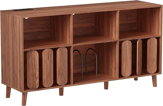 Large Record Player Stand, Record Player Table Vinyl Record Storage Holder Records Cabinet Organizer with Power Outlet for Living Room, Walnut