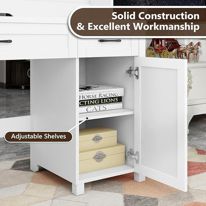 Farmhouse 47" Executive Desk, Computer Desks with 2 Drawers and Storage Cabinet, Home Office Desk with Hutch and Charging Station, Workspace for Work and Study. (Cream White)