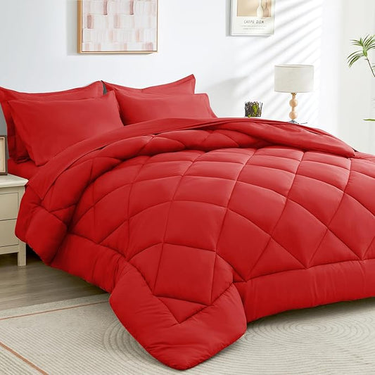 HEVUMYI Red Full Comforter Set - 7-Piece All Season Bed in a Bag Full, Ultra Soft Bedding Set with Comforter, Flat Sheet, Fitted Sheet, Pillowcases, Pillow Shams