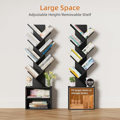 10 Tier Tree Bookshelf,Floor Standing Wood Tall Bookcase for Narrow Space, Storage Organizer Bookshelves for Books, Book Case for CDs/Movies/Books,Home Office,Living Room, Bedroom
