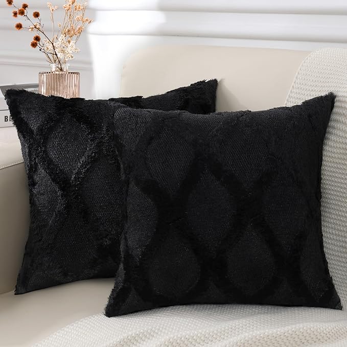 decorUhome Throw Pillow Covers 16x16 Inch Set of 2, Soft Plush Faux Fur Wool Black Couch Pillow Covers, Decorative Neutral Pillow Cases for Bed Sofa Living Room Home Decor